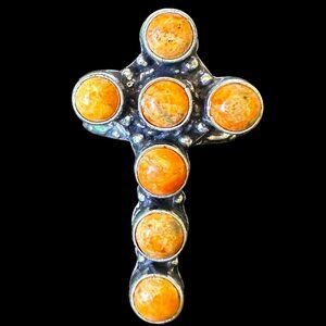Genuine Orange Spiny Oyser Cluster Cross Sterling Silver Overlay Ring Size 7